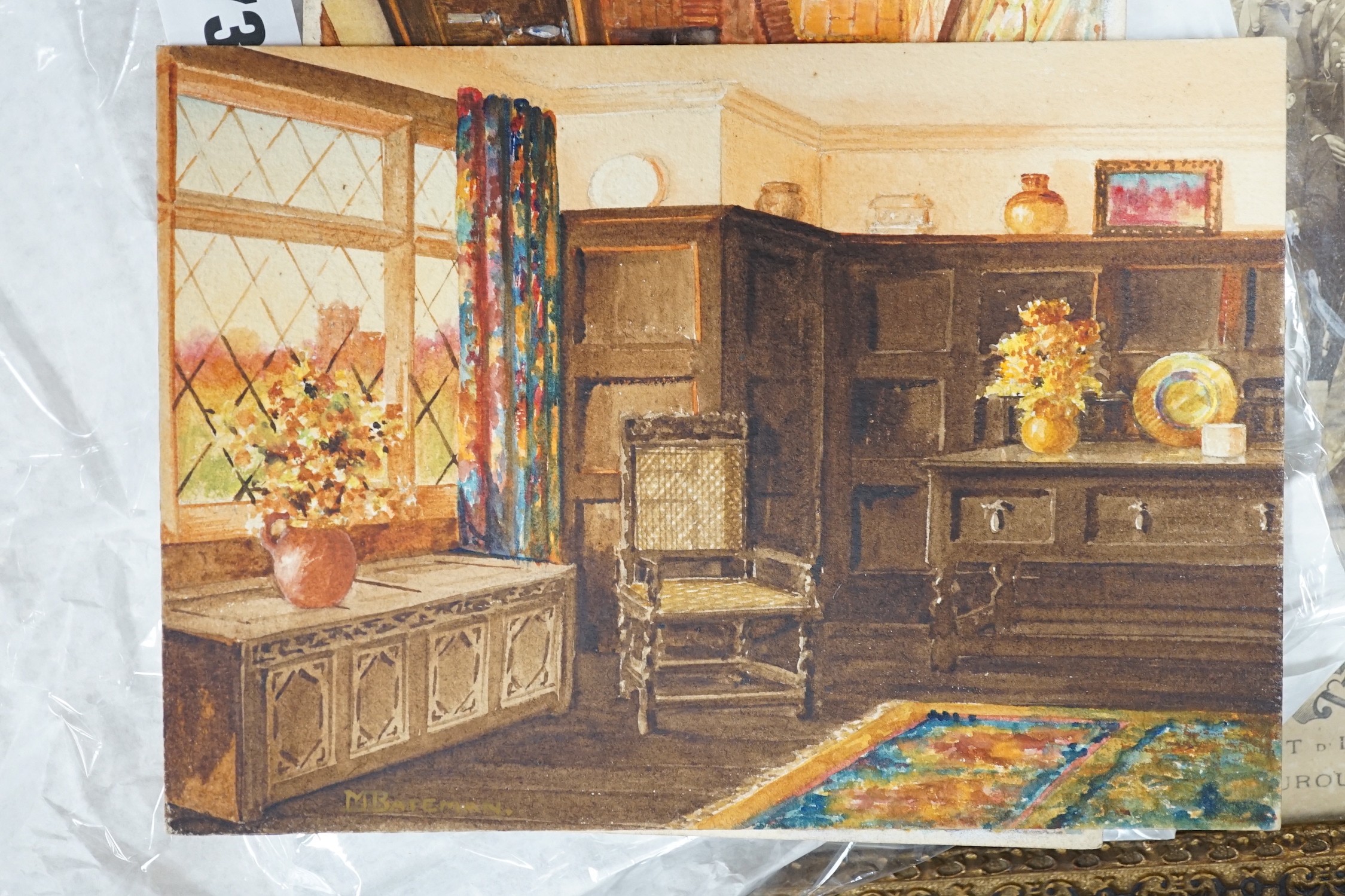 Marjorie Bateman, set of seven original watercolour artworks for postcards, Cottage interiors, largest 19.5 x 14cm, unframed
